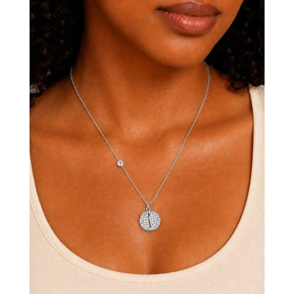 Silver Tone Pave Crystal Round Disc Initial Pendant Necklace Lobster Clasp 18in